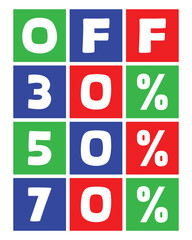 Colorful sale promotion with percentage discounts in a grid pattern on a white background