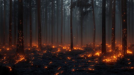 Obraz premium Smoldering Forest Fire at Night