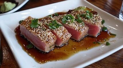 Elegant Sesame-Crusted Tuna Tataki with Garnish and Sauce