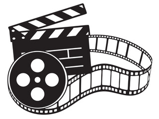 film strip, film reel movie vector art, Film reel clapperboard movie production cinema black Silhouette Vector icon illustration on white background