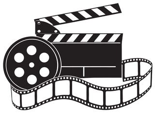 film strip, film reel movie vector art, Film reel clapperboard movie production cinema black Silhouette Vector icon illustration on white background