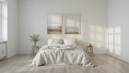 Serene Minimalist Bedroom:  Light-Filled Interior with White Linen Bedding, Natural Wood Accents, and Coastal Landscape Prints.