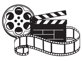 film strip, film reel movie vector art, Film reel clapperboard movie production cinema black Silhouette Vector icon illustration on white background