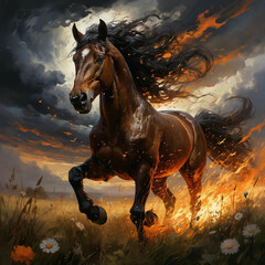 Magnificent brown fiery horse in a field against the background of thunderclouds, lightning and fire, close-up, year of the horse