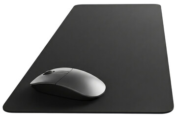 Silver wireless computer mouse on a large black mouse pad mat isolated on a transparent background