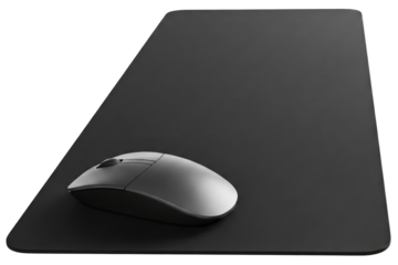 Silver wireless computer mouse on a large black mouse pad mat isolated on a transparent background