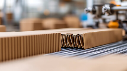 Cardboard moving along a conveyor belt, ready for packaging, shipping, and logistics in a modern industrial setting. Corrugated material shown up close.