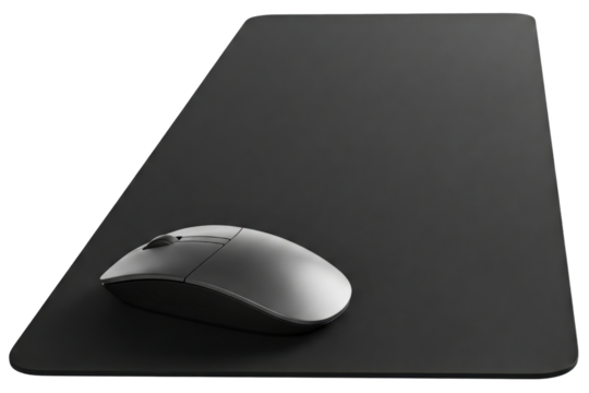 Silver wireless computer mouse on a large black mouse pad mat isolated on a transparent background