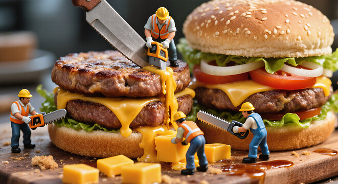 Miniature worker toys cutting a giant double cheeseburger with tools on a wooden board. Fun macro scene with realistic textures and playful construction vibe. - Powered by Adobe