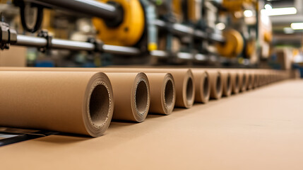 Fototapeta premium Paper Rolls in Production: Rolls of brown paper in a manufacturing plant ready for printing and packaging applications.