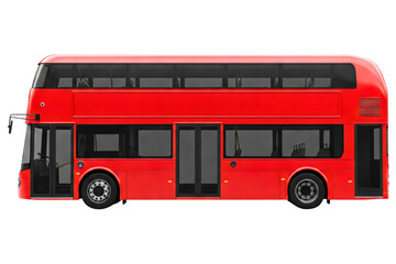 Side view of a modern red double-decker public transit bus isolated on a transparent background
