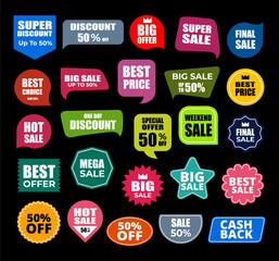 various colorful sale and discount badges
