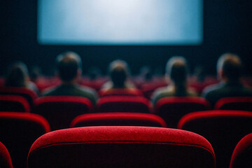 Movie Theater Audience: Red Seats and Blurred Screen