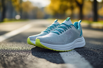 Pair of gray and teal running shoes on asphalt path