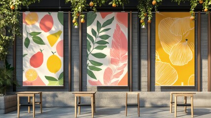 Three large banner mockups in front of a coffee shop
