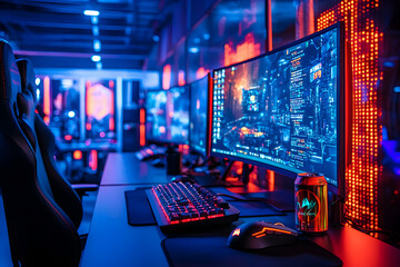 Person sitting in a gaming chair using a computer with multiple monitors in a brightly lit room.
