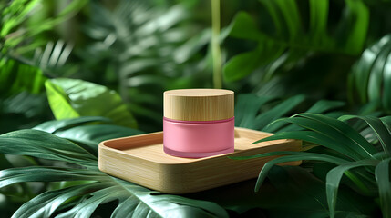 Pink cosmetic cream in a glass jar with bamboo lid on a wooden tray, surrounded by green tropical leaves.