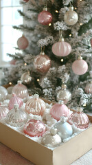 Pink and white Christmas tree ornaments in a wooden box.
