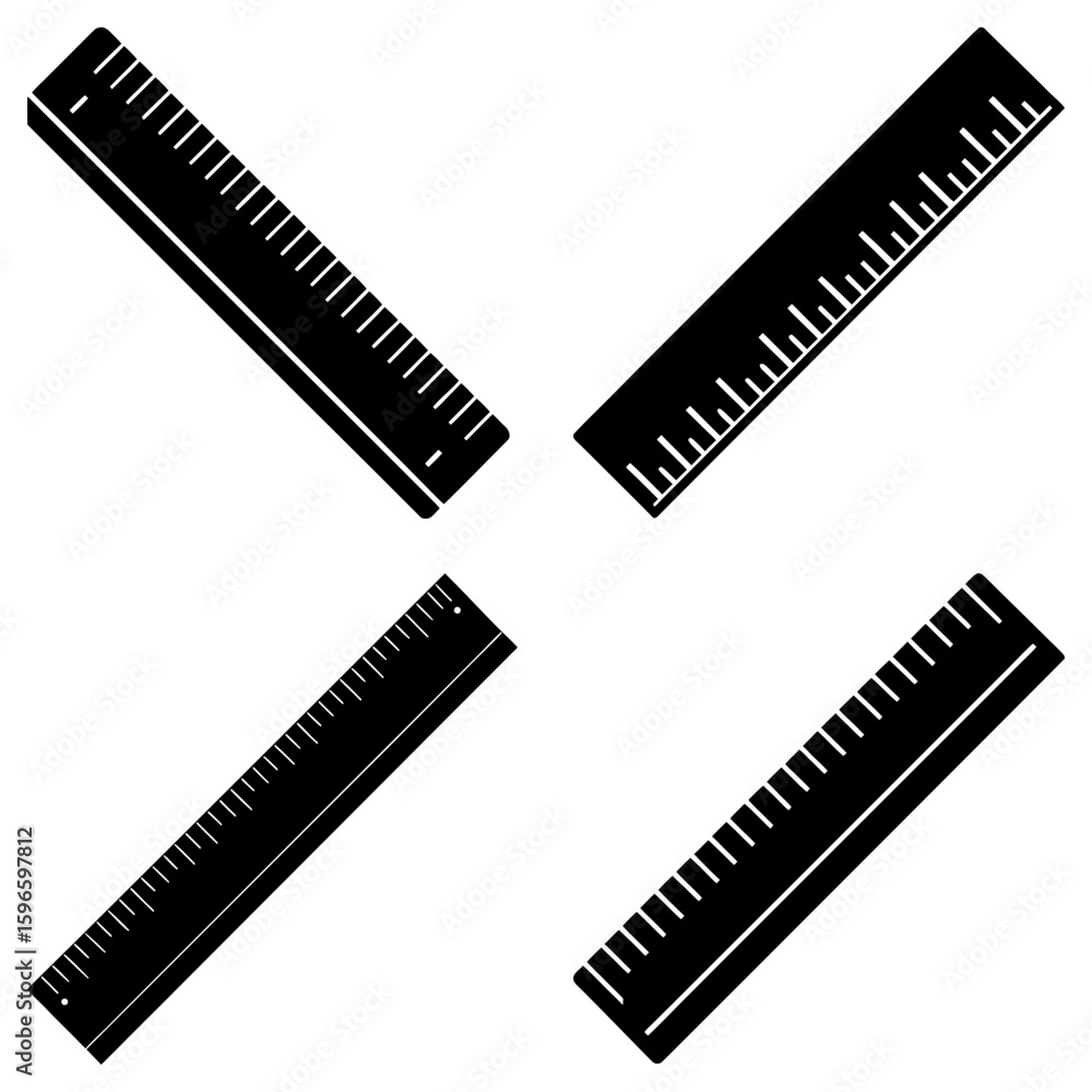 Poster four black rulers with measurement markings oriented diagonally on a white background in a simple de