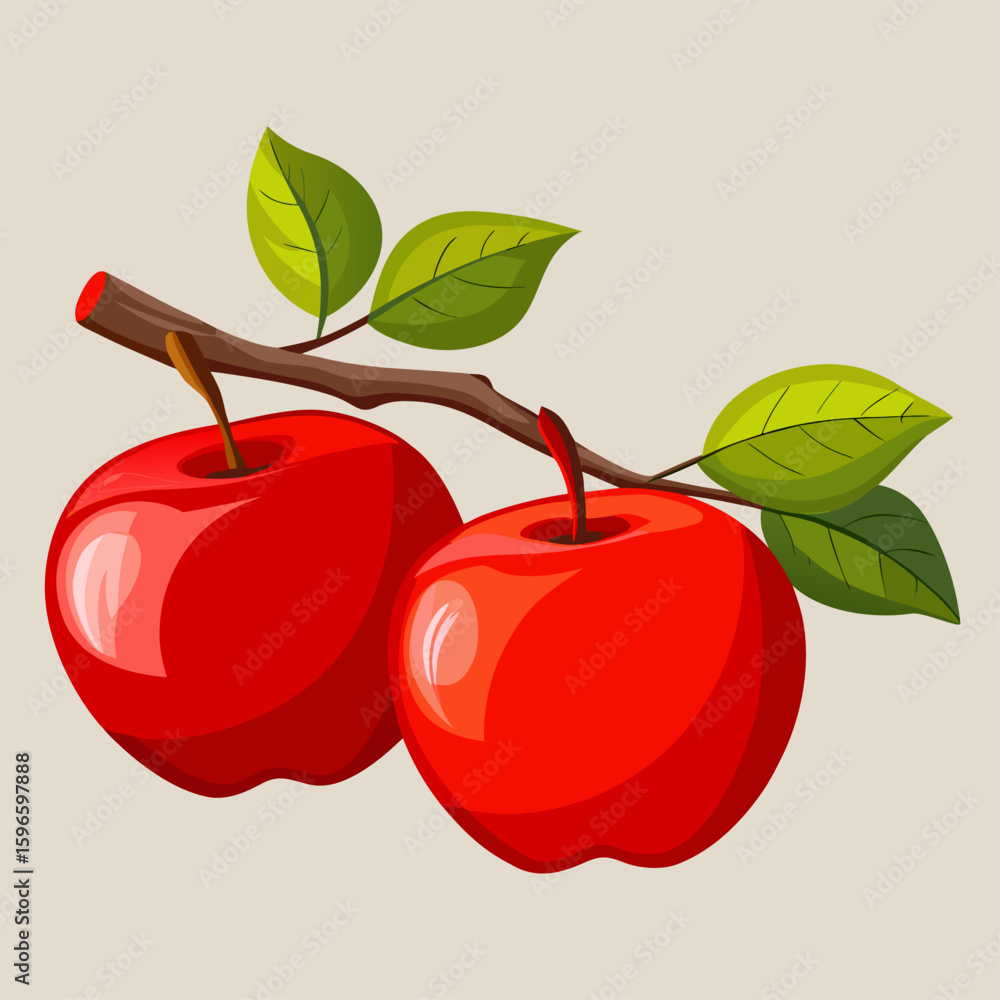 Poster Two shiny red apples hanging on a branch with green leaves