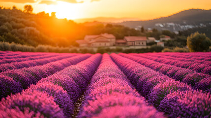 Rows of lavender plants in a field at sunset.