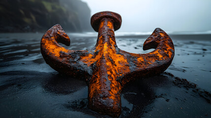 Rusty anchor on a dark sand beach near a cliff
