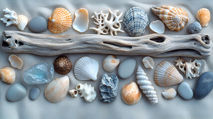 Seashells, stones, and driftwood arranged on a light gray surface.