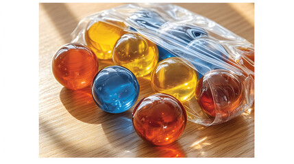 Several colorful glass marbles in a clear plastic bag on a wooden surface.