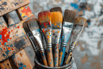 Several paintbrushes with paint on them in a jar, close-up.