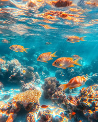 Several orange and yellow fish swimming in a coral reef underwater.