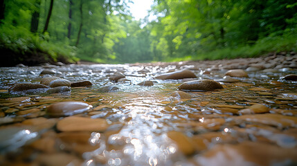 Shallow stream flowing over rocks in a forest.
