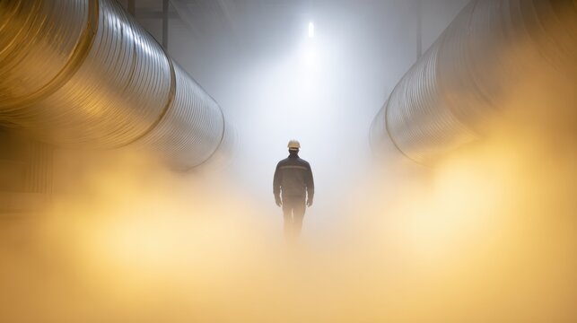 A man is walking through a foggy tunnel with yellow smoke