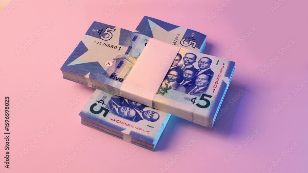 Poster camera panning rotating revolving spinning 360 degrees around ghanaian cedi stacks notes isolated on