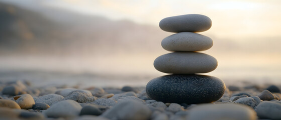 Stack of four gray stones balanced on a beach at sunrise.