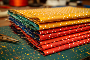 Stack of patterned fabrics pinned together on a cutting mat.