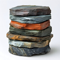 Stack of various colored slate stones on white background