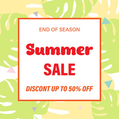 Summer banner sale. A summer banner with a square frame and tropical leaves. An advertising offer. 50% discount. 