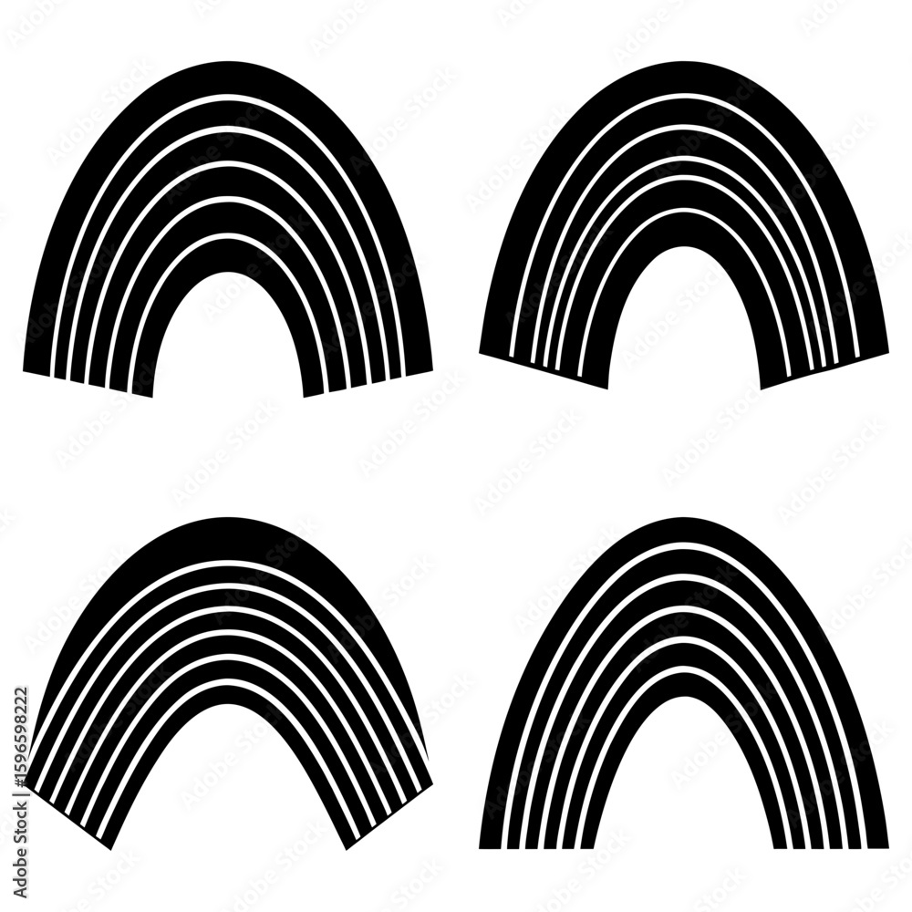 Poster four black and white arched shapes composed of multiple parallel lines in varying orientations