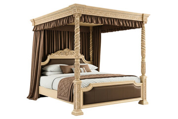 Ornate wooden four-poster bed with canopy and brown drapes isolated on a transparent background
