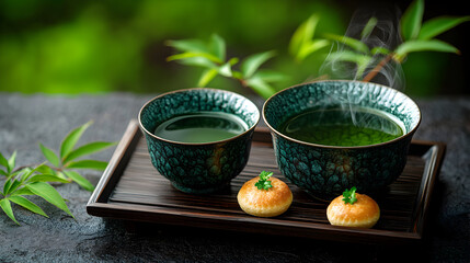 Two bowls of green tea and two small cookies on a dark wooden tray.