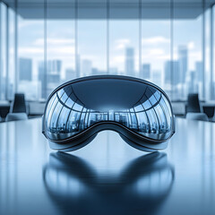 VR headset on a reflective table in a modern office, city view in background.