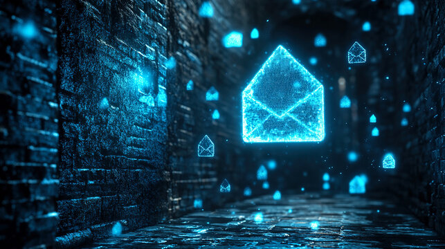 Futuristic digital communication concept featuring glowing envelope icons and brick wall background