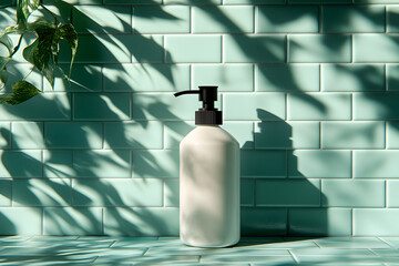 White pump bottle of lotion against a teal tile background