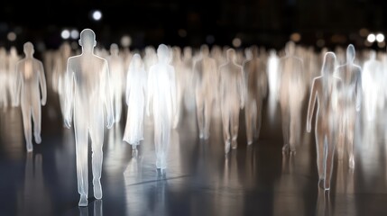 Ethereal Figures Walking in a Crowded Urban Setting at Night
