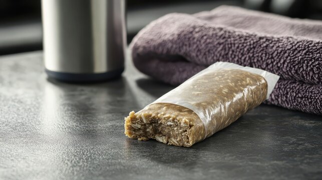 Healthy Snack Bar on a Kitchen Counter Near a Metal Water Bottle