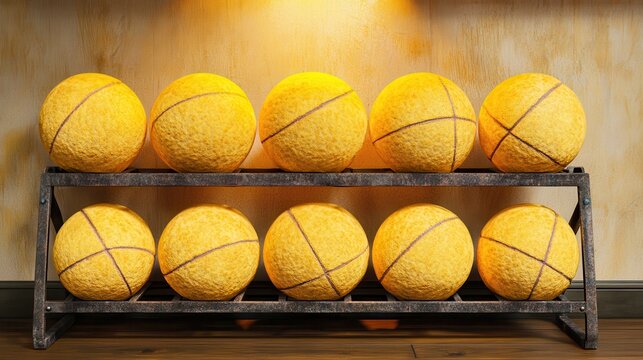 Bright Yellow Tennis Balls Arranged on Wooden Rack for Sport Decor