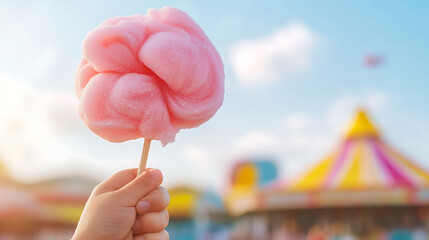 Child's hand holds a pink cotton candy against a sunny sky. Carnival rides and tents in soft focus create a festive backdrop.