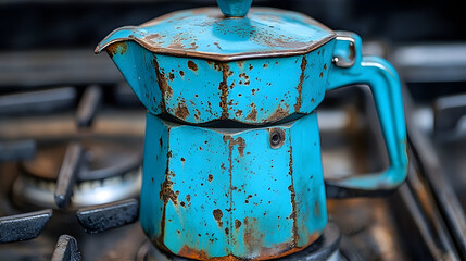 A blue, worn stovetop espresso maker on a gas stove.