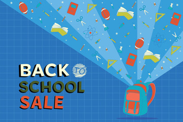 Back to school background theme stationery supplies elements blue vector illustration sale banner template