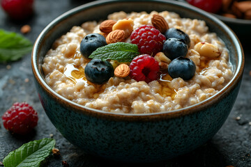 A bowl of oatmeal topped with blueberries, raspberries, almonds, and mint.